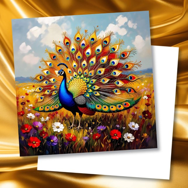 Cartão Beautiful Gold and Blue Peacock Blank (Criador carregado)