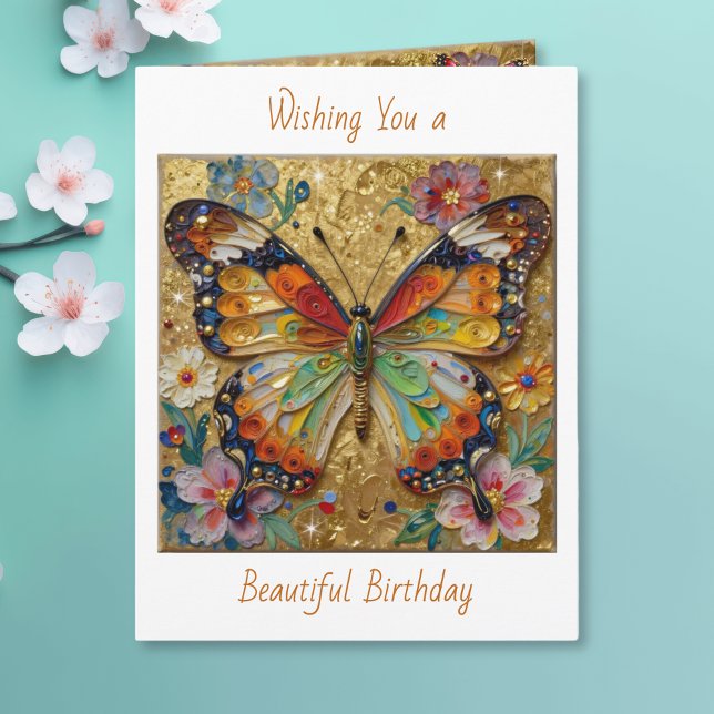 Cartão Beautiful Impasto Butterfly and Flowers Birthday (Criador carregado)