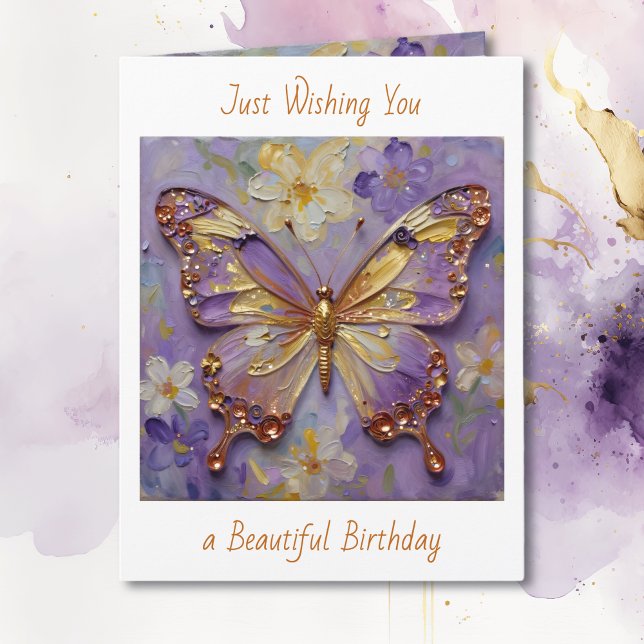 Cartão Beautiful Purple Butterfly and Flowers Birthday (Criador carregado)