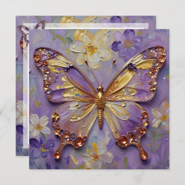 Cartão Beautiful Purple Butterfly and Flowers Blank (Frente/Verso)
