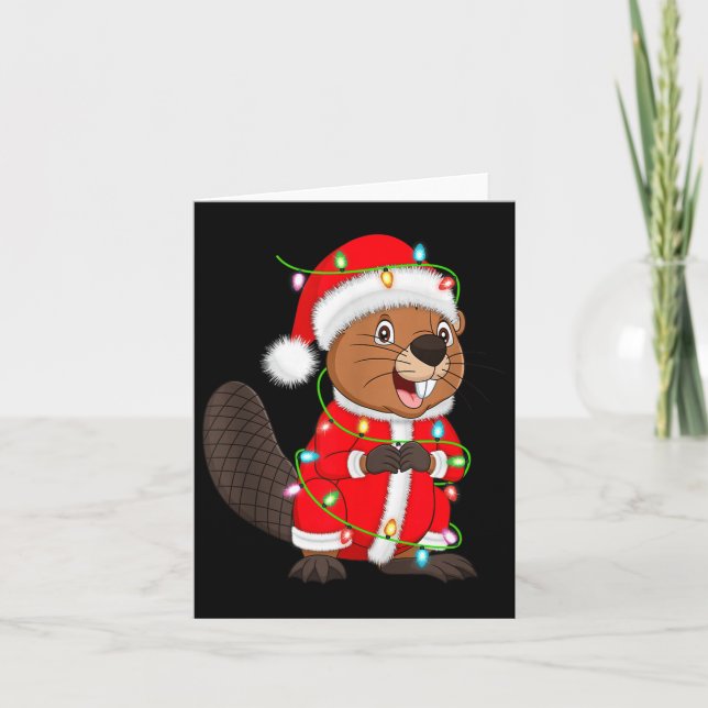 Cartão Beaver Christmas Lights Santa Costume Cute Animal  (Frente)