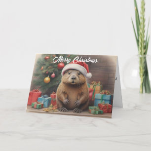 Cartão Beaver vestindo chapéu de Santa com Christams pres