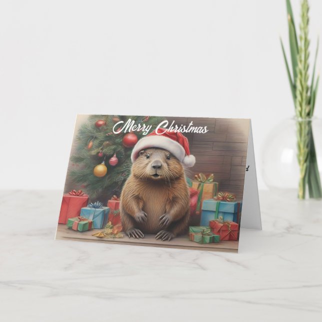 Cartão Beaver vestindo chapéu de Santa com Christams pres (Frente)