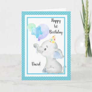Cartão Bebê Blue Elephant Bonito Criança de Aniversário