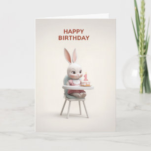Cartão Bebê Bunny Menina na Cadeira Alta Com Bolo de 1º A