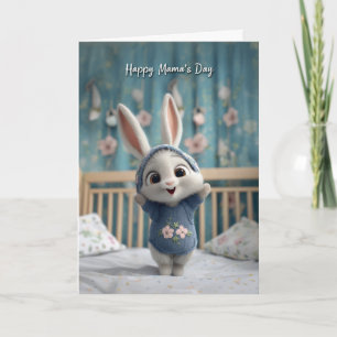 Cartão Bebê Coelhinho Fofo em Macacão Azul Feliz Dia da M