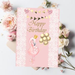 Cartão Bebê Fofo Flamingo Rosa Coroa Balões Aniversário
