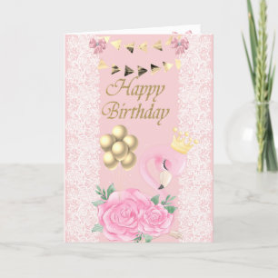 Cartão Bebê Fofo Flamingo Rosa, Tiara, Balões Aniversário