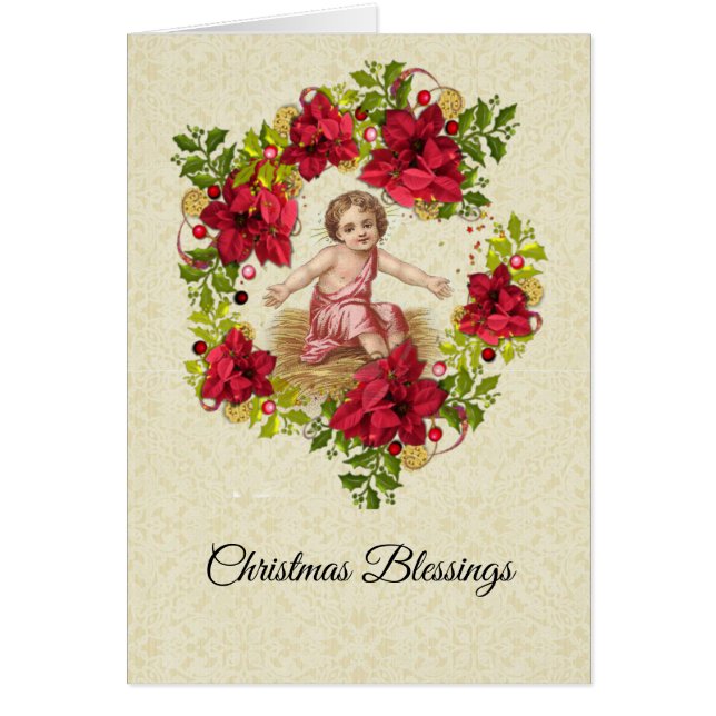 Cartão Bebê Jesus em Manger Christmas Floral Wreath (Frente)