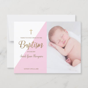 Cartão Bebê Rosa Moderno Foto Batismo Obrigado
