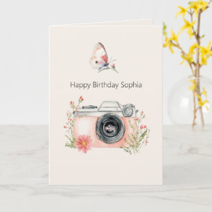 Cartão Bege Róseo Floral Câmera Aniversário