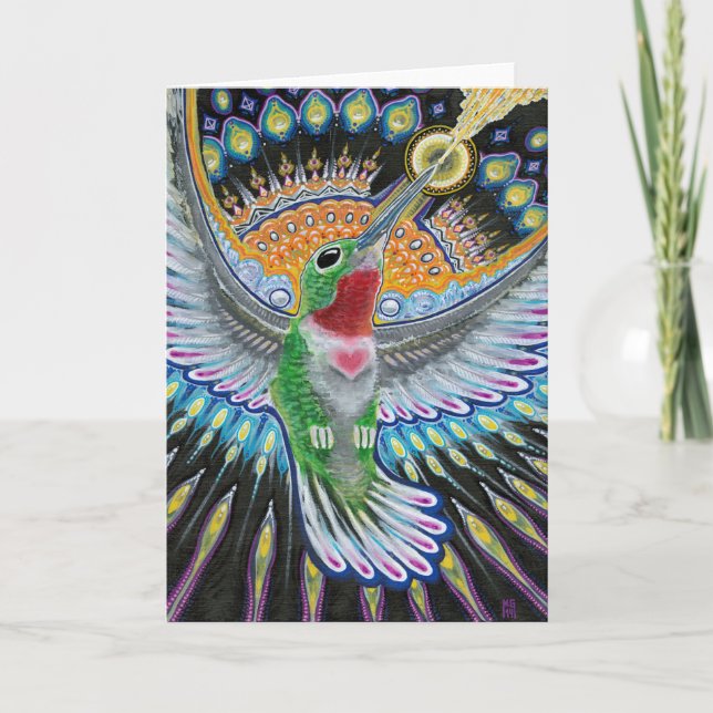Cartão Beija Flor ("Flower Kisser") Hummingbird Painting (Frente)