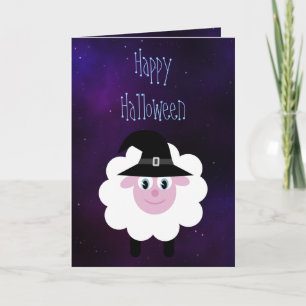 Cartão Bela Cartoon Halloween Ovina Azul Noite Estrelada