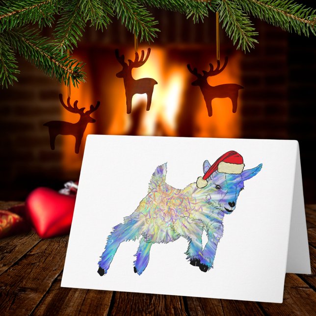 Cartão Bela Fazenda de Natal, Arte Animal Colorida (Cute christmas pigmy goat wearing a santa hat, colorful farm animal art holiday greetings card)