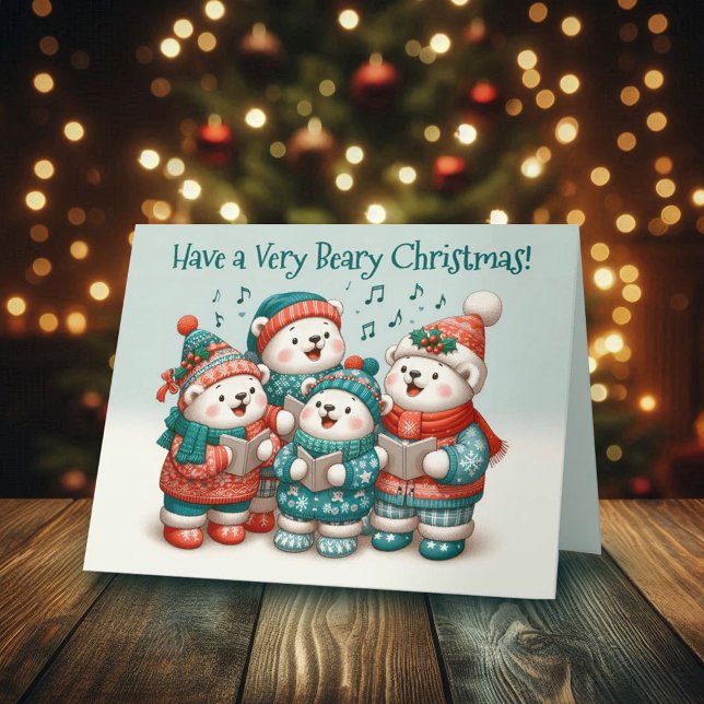 Cartão Belas Ursos Polares Bonitas Têm um Natal Muito Bea (Cute Polar Bears Sing Have a Very Beary Christmas Greeting Card Cover Photo)