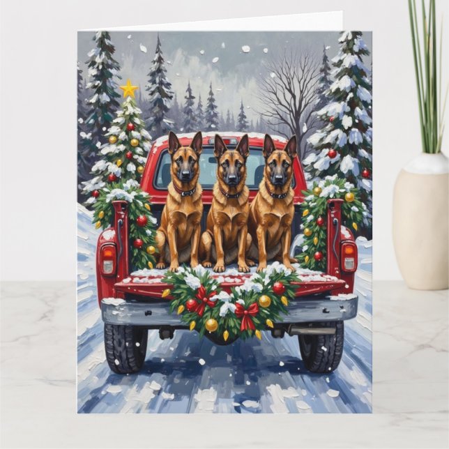 Cartão Belgian Malinois Christmas Red Truck Holiday (Frente)