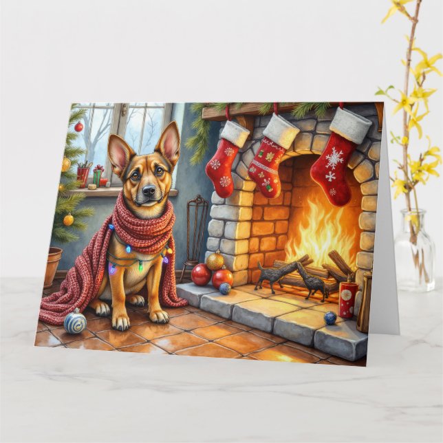 Cartão Belgian Malinois Fireplace with Christmas Lights (Flor Amarela)