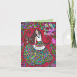 Cartão Bella 4 - To My Beautiful Daughter Birthday Card<br><div class="desc">A happy young lady against a red field. She has long dark hair and a colorful skirt. The border is made of bright flowers. See this design on different products in this shop,  TheCheerfulMailbox.</div>