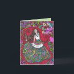 Cartão Bella 4 - To My Beautiful Daughter Birthday Card<br><div class="desc">A happy young lady against a red field. She has long dark hair and a colorful skirt. The border is made of bright flowers. See this design on different products in this shop,  TheCheerfulMailbox.</div>