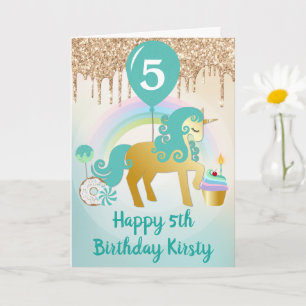 Cartão Belo aniversário do Dourado e Teal Unicorn Doce