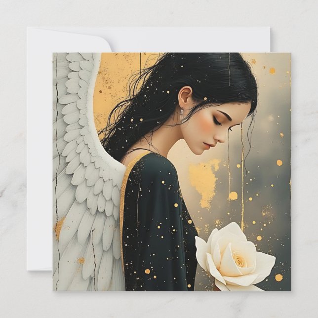 Cartão Belo Anjo Gótico e Rosa Branca Celestial (Frente)