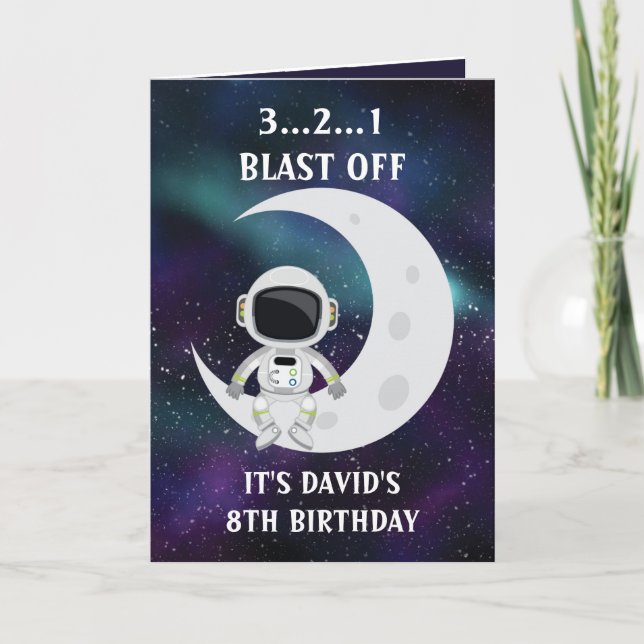 Cartão Belo Astronauta Espacial Azul Lua 8º Aniversário (Frente)