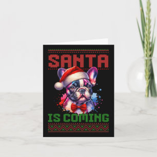 Cartão Belo Bulldog Francês Santa Hat Holly de Natal