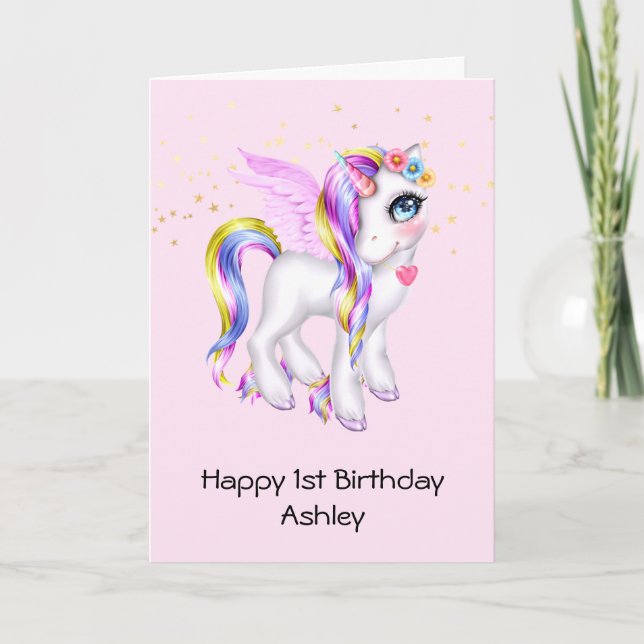 Cartão Belo Unicórnio com Rainbow Mane Birthday (Frente)