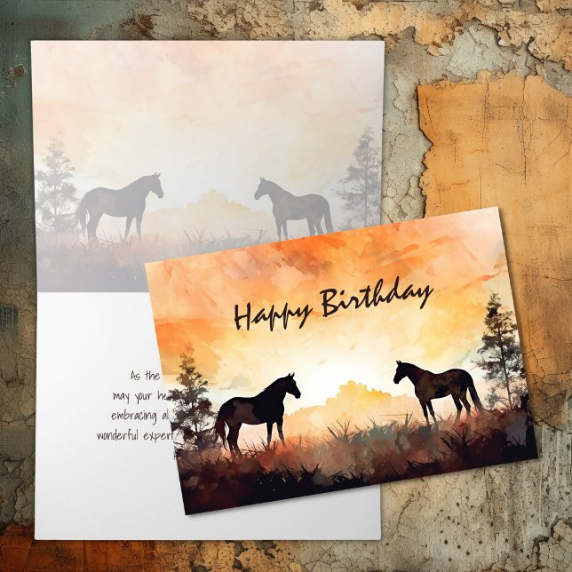 Cartão Belos Cavalos de Aquarela no Aniversário do Sol (Beautiful Watercolor Horses at Sunset Birthday Card)