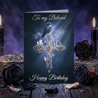 Cartão Beloved Personalized Gothic Cross Raven Birthday