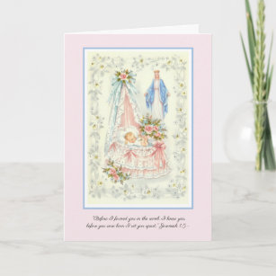 Cartão Bem-vinda Vintage Baby Girl Virgin Mary Católica