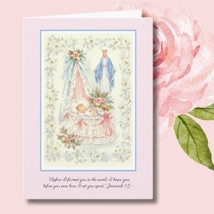 Cartão Bem-vinda Vintage Baby Girl Virgin Mary Católica