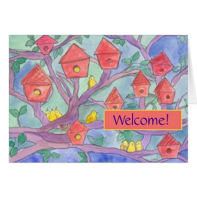 Cartão Bem-vindo à Casa dos Pássaros Vermelhos do bairro (Frente Horizontal)