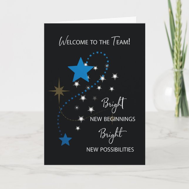 Cartão Bem-vindos à equipe, estrelas brancas e azuis em p (Frente)