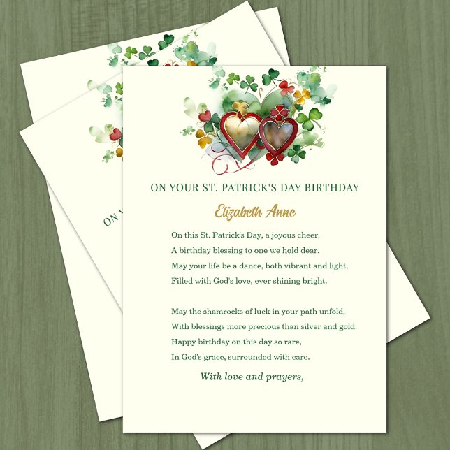 Cartão Bênção de Aniversário do Dia de São Patrício Trevo (St. Patrick's Day Birthday Blessed with hearts and shamrocks )