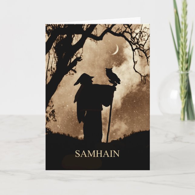 Cartão Bênção de Samhain Místico Feiticeiro e Coruja (Frente)