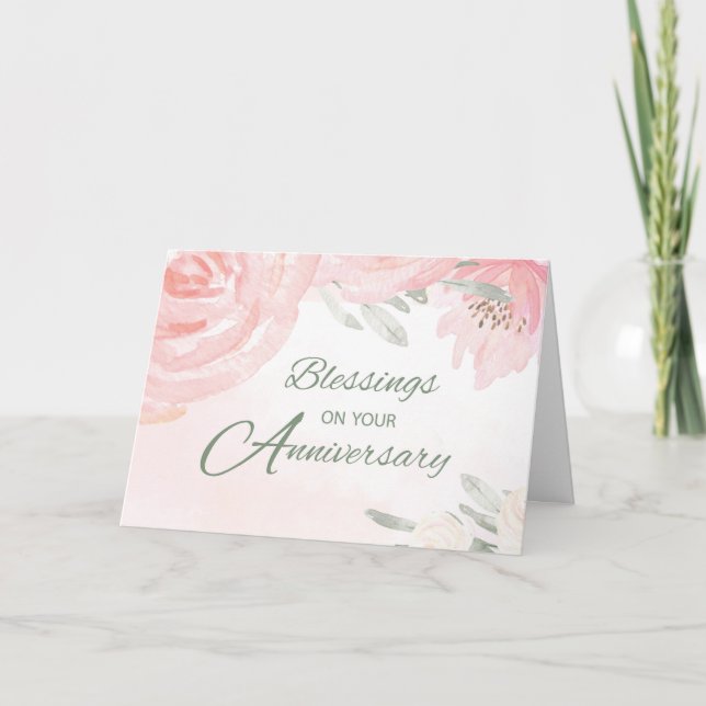 Cartão Bênçãos de Aniversário de Casamento com Rosas Rosa (Frente)