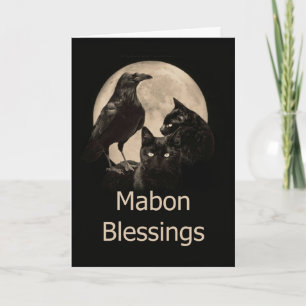 Cartão Bênçãos Pagãs de Wicca Mabon Com Corvo e Gatos 