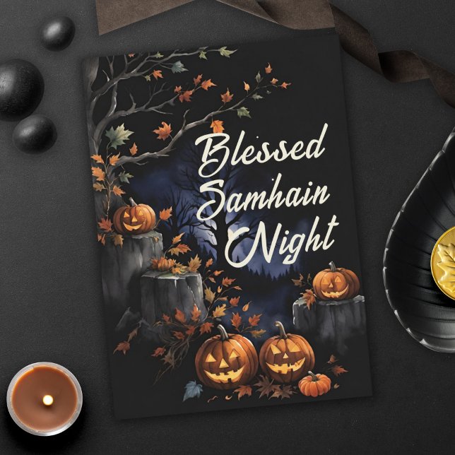 Cartão Bendito Samhain Night Fall Folhas & Pumpkins (Blessed Samhain Night Fall Leaves & Pumpkins Halloween Greeting Card)