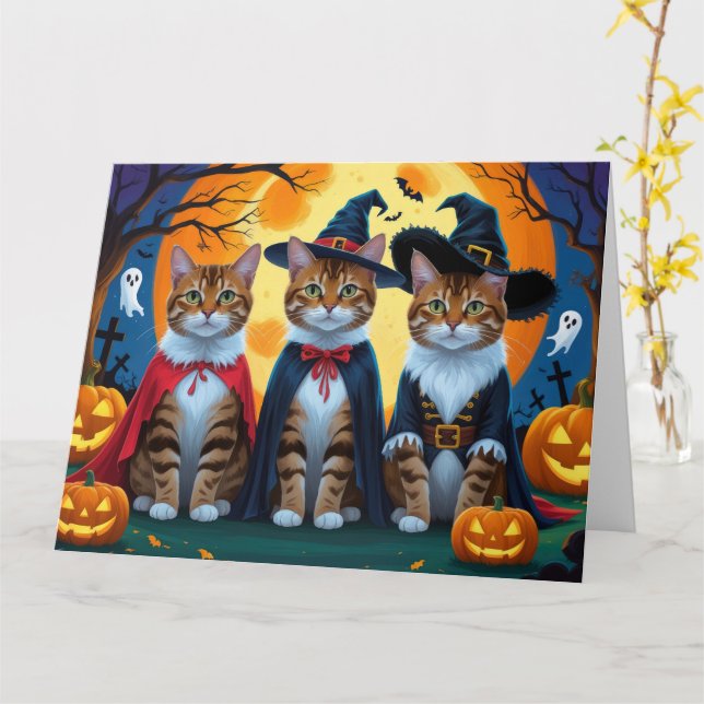 Cartão Bengala Cats Pumpkin Halloween Engraçado (Flor Amarela)