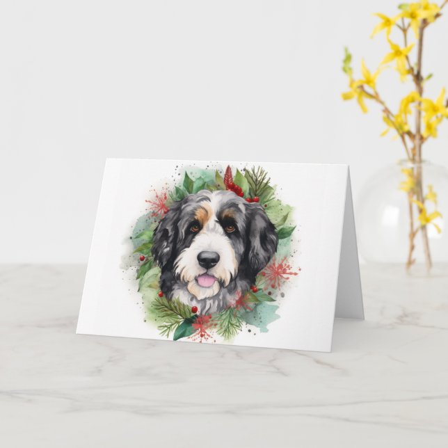 Cartão Bernedoodle Christmas Wreath Festivo Pup (Flor Amarela)