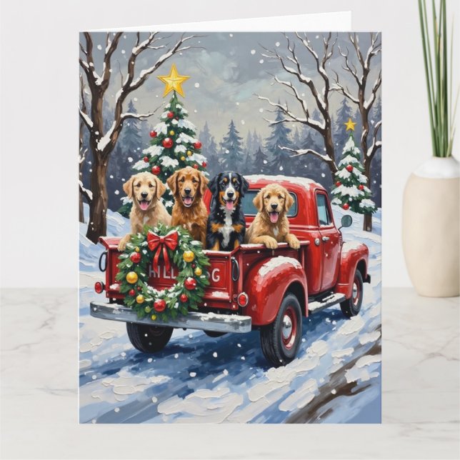 Cartão Bernedoodle Natal Caminhão Vermelho Feriado (Frente)