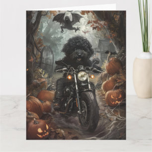 Cartão Bernedoodle Riding Motorcycle Halloween Scary
