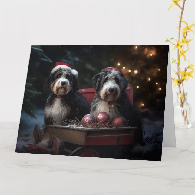 Cartão Bernedoodle Snowy Sleigh Decência de Natal (Flor Amarela)