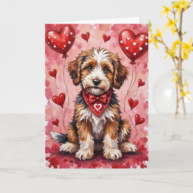 Cartão Bernedoodle Valentine Dog Sitting with Hearts Red (Flor Amarela)