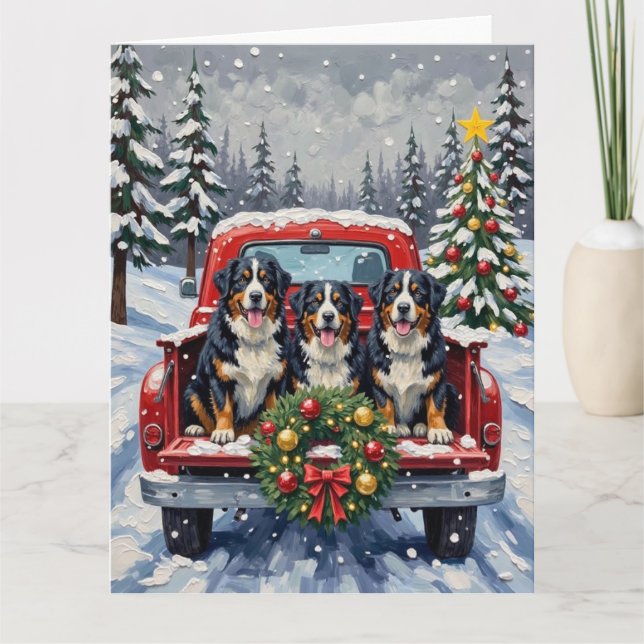 Cartão Bernese Mountain Dog Christmas Red Truck Holiday (Frente)