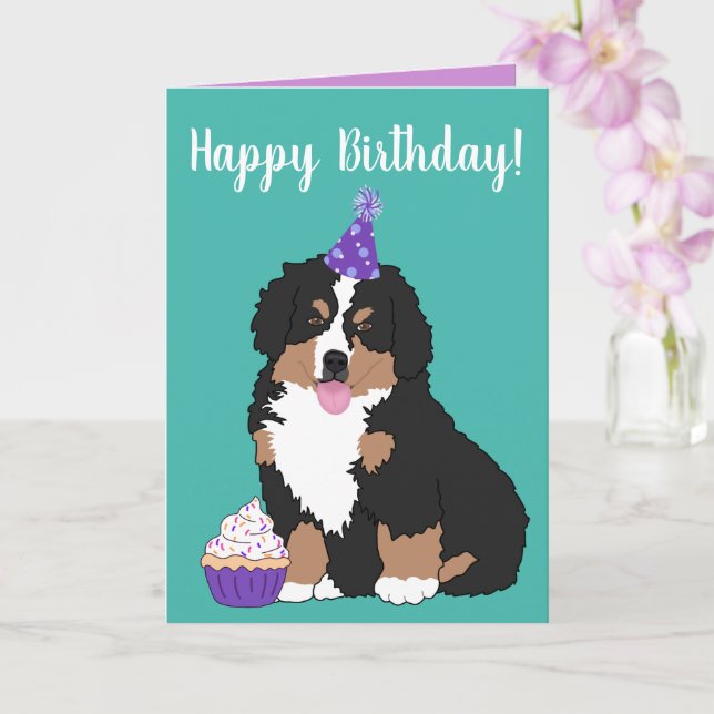 Cartão Bernese Mountain Dog Puppy Aniversário (Orquídea)