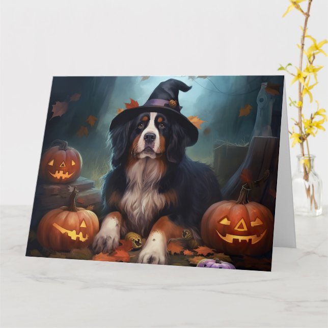 Cartão Bernese Mountain Pumpkins Halloween Assustado (Flor Amarela)