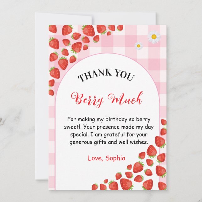 Cartão Berry first gingham birthday Thank You Card (Frente)
