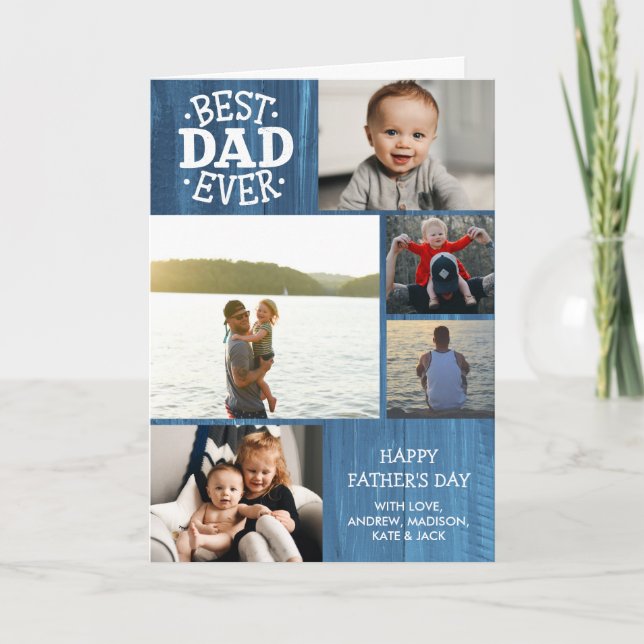 Cartão Best Dad Ever Blue Wood 5 Photo Father's Day (Frente)